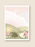 this is a print of a dragon sleeping in a spring field with flowers
