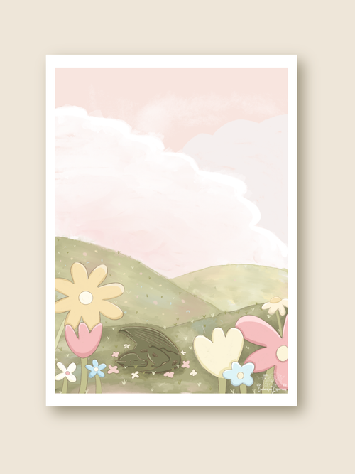 this is a print of a dragon sleeping in a spring field with flowers