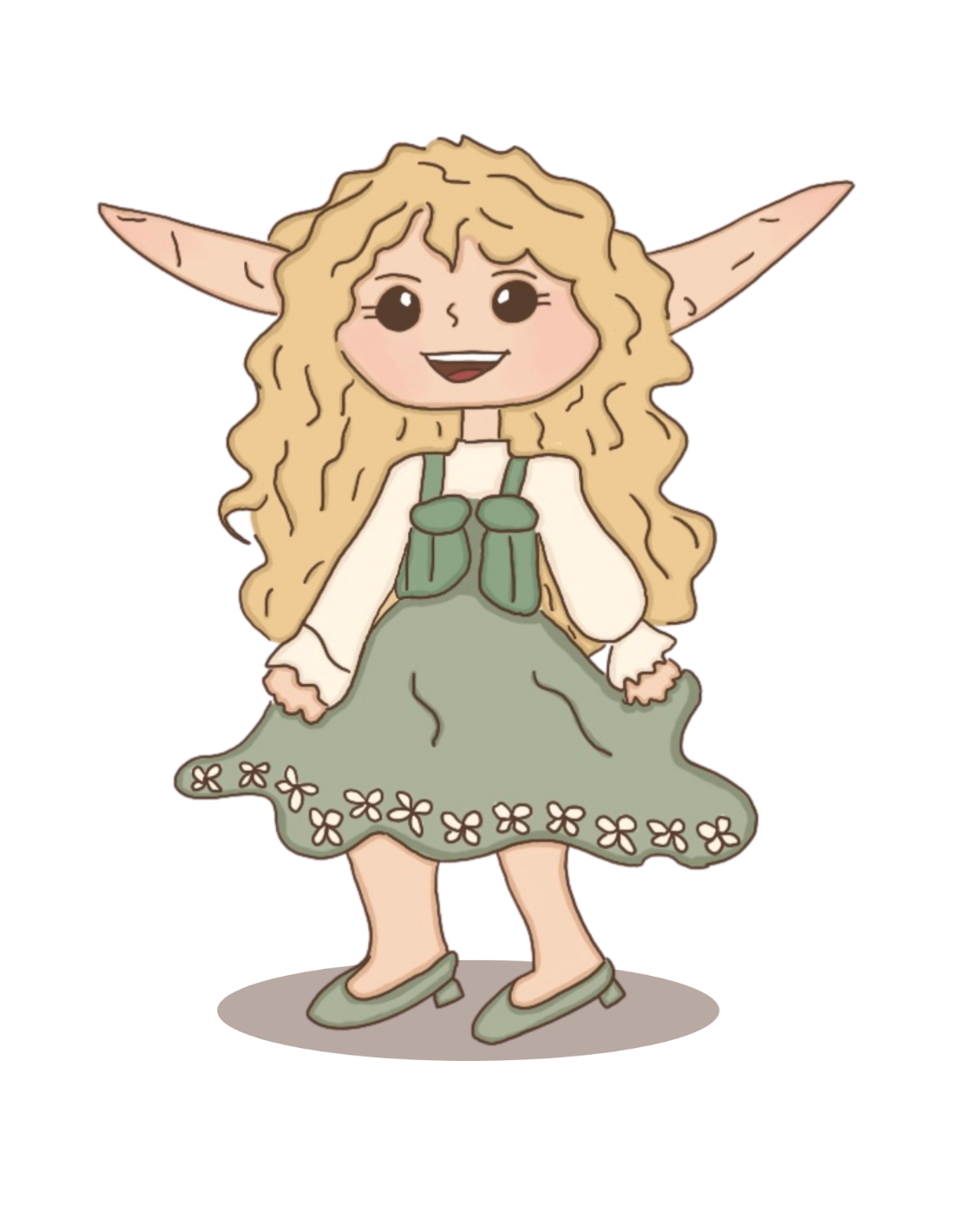 Elven character Celeste with blonde hair and pointed ears wearing a green dress on a white background