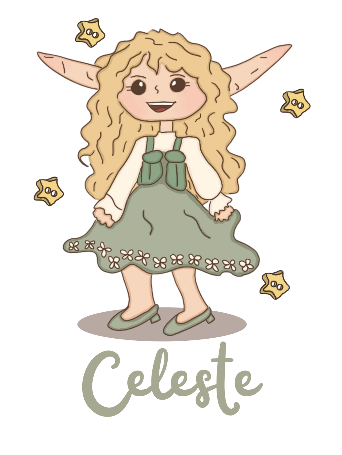 Illustration of an elf character named 'Celeste' with star buttons floating around her