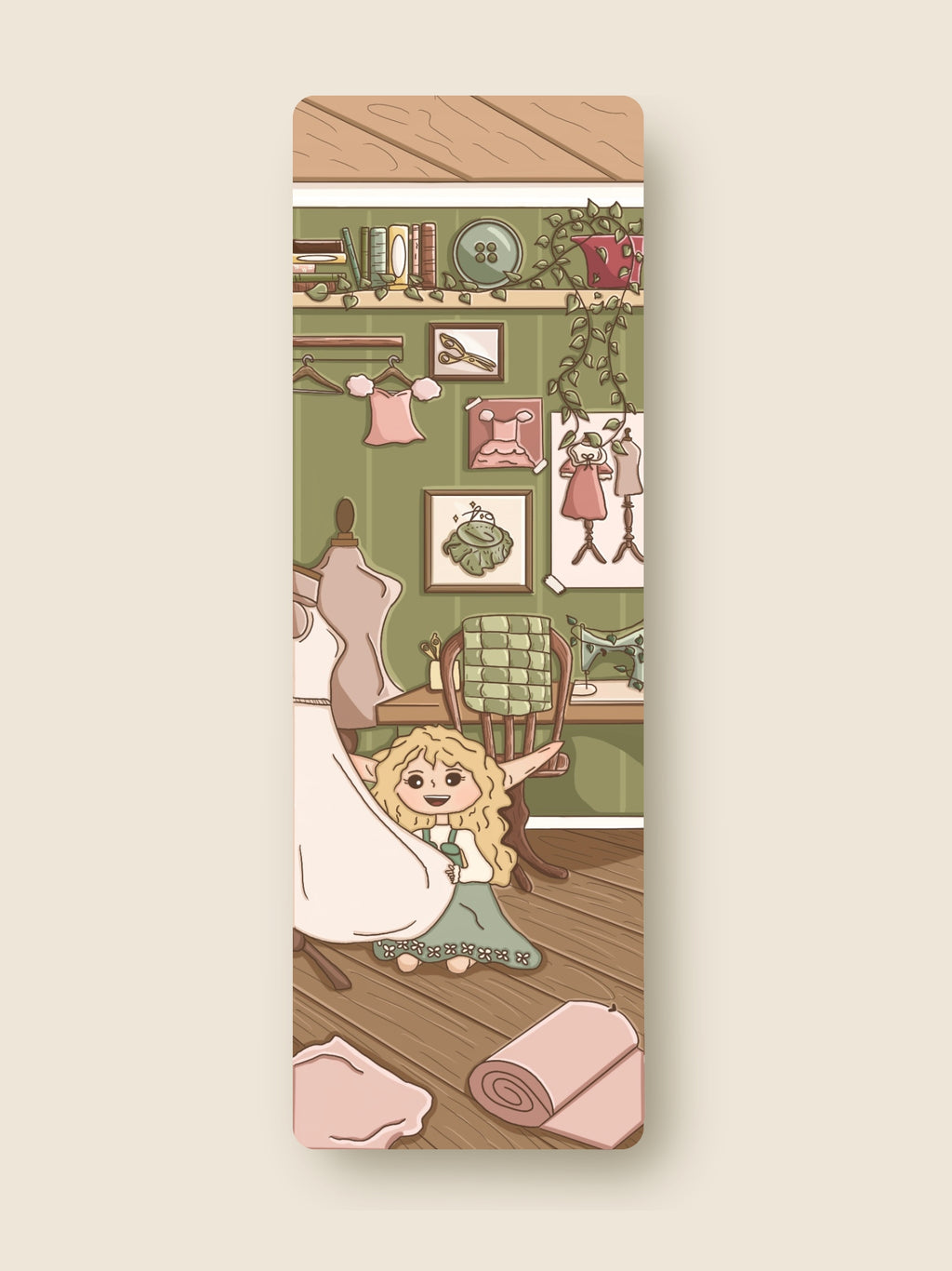 Illustrated bookmark with Celsete in a room design on a wooden surface.