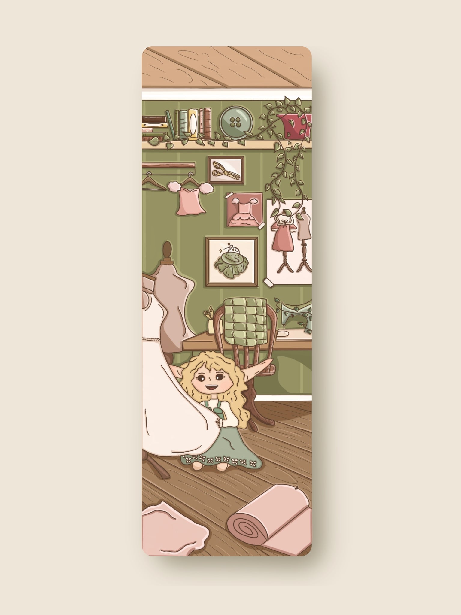 Illustrated bookmark with Celsete in a room design on a wooden surface.