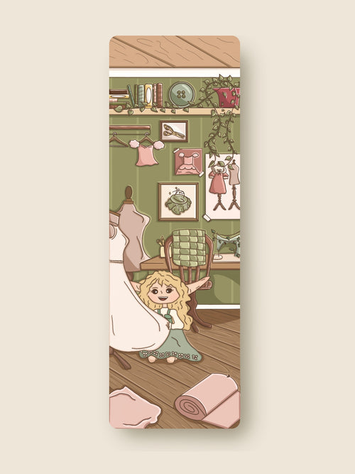 Illustrated bookmark with Celsete in a room design on a wooden surface.