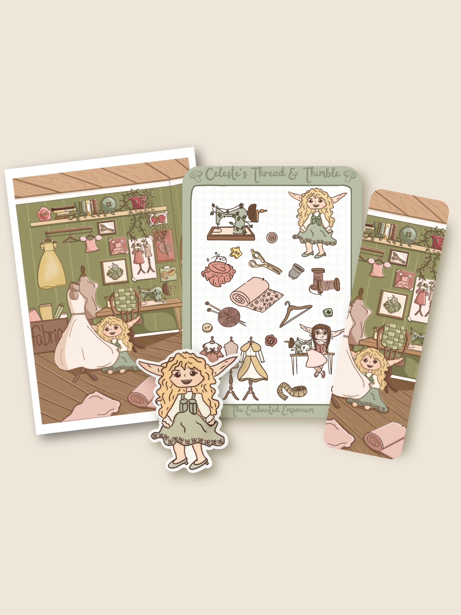 Set of illustrated cards with a dressmaker's shop theme on a beige background