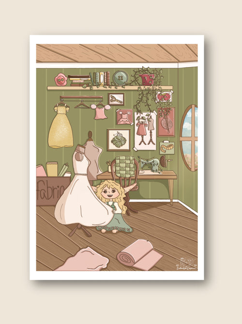 Illustration of a sewing room with a dress form and fabric on a wooden floor.