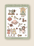 Sticker sheet with sewing-themed illustrations and 'Celeste's Thread & Thimble' branding on a beige background.