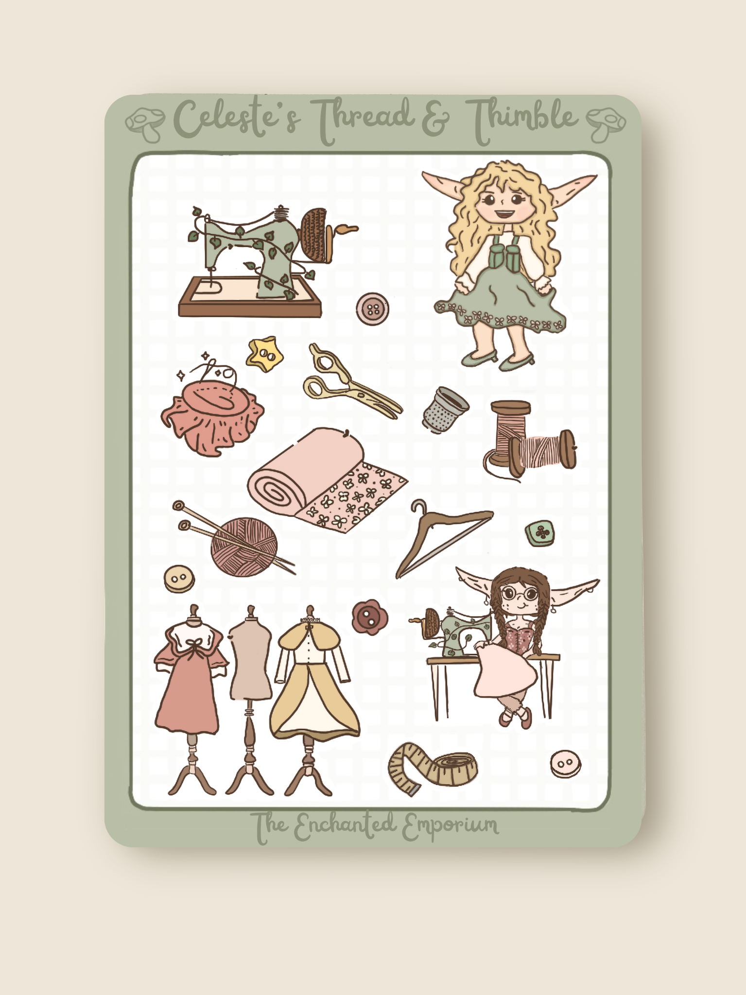 Sticker sheet with sewing-themed illustrations and 'Celeste's Thread & Thimble' branding on a beige background.