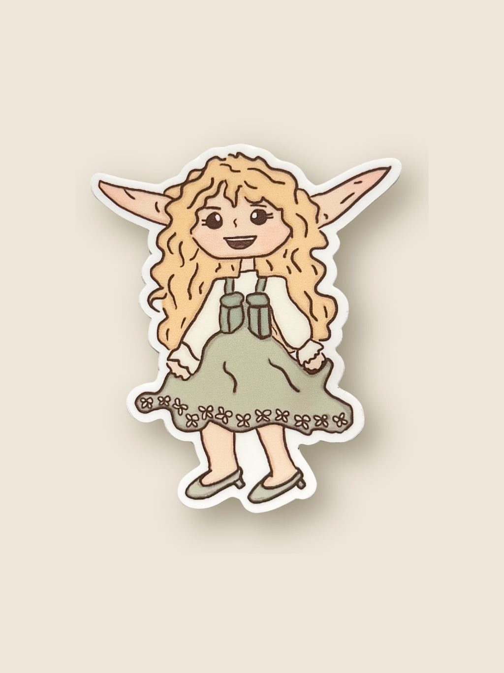 Celeste character with blonde hair and pointed ears, on a beige background