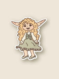 Celeste character with blonde hair and pointed ears, on a beige background