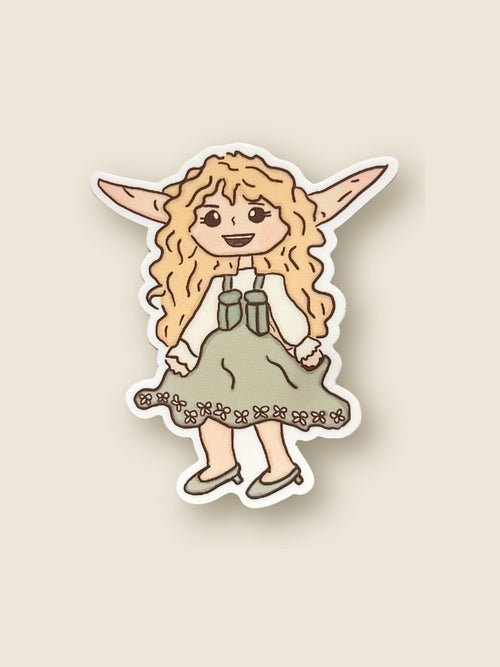 Celeste character with blonde hair and pointed ears, on a beige background