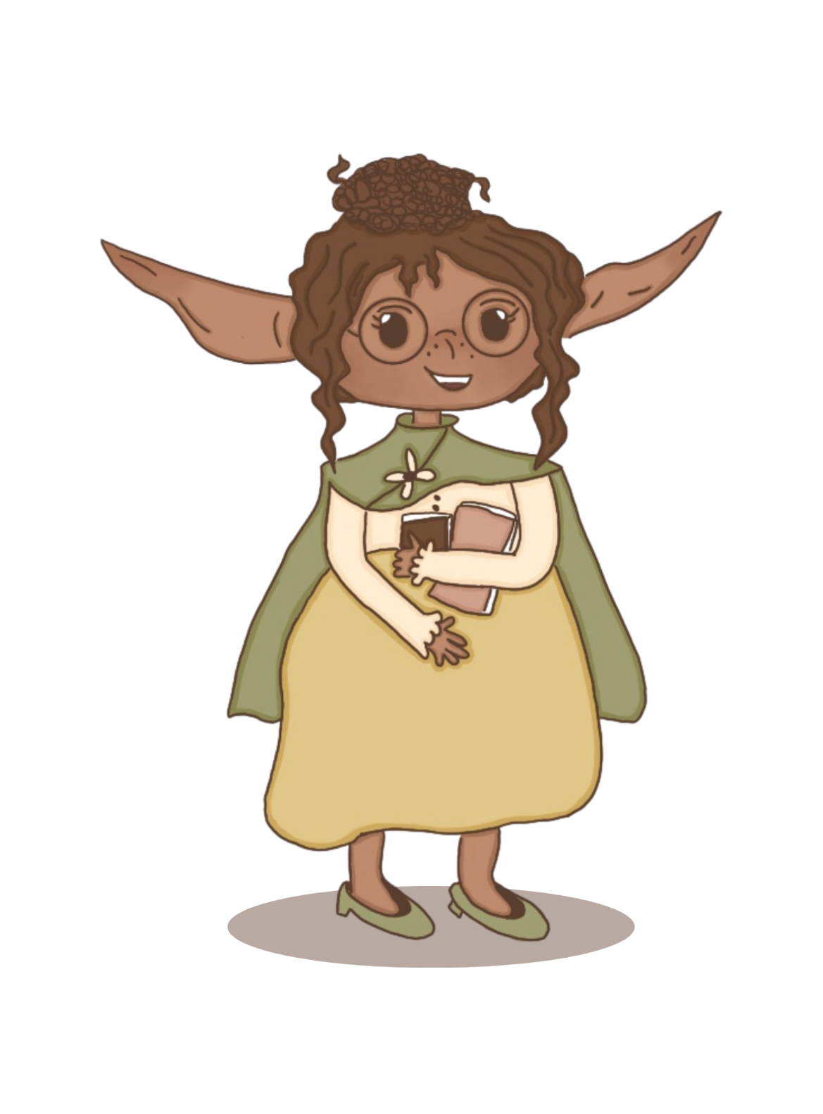 Cartoon character with pointed ears, wearing a green cloak and yellow dress, holding a book on a white background.