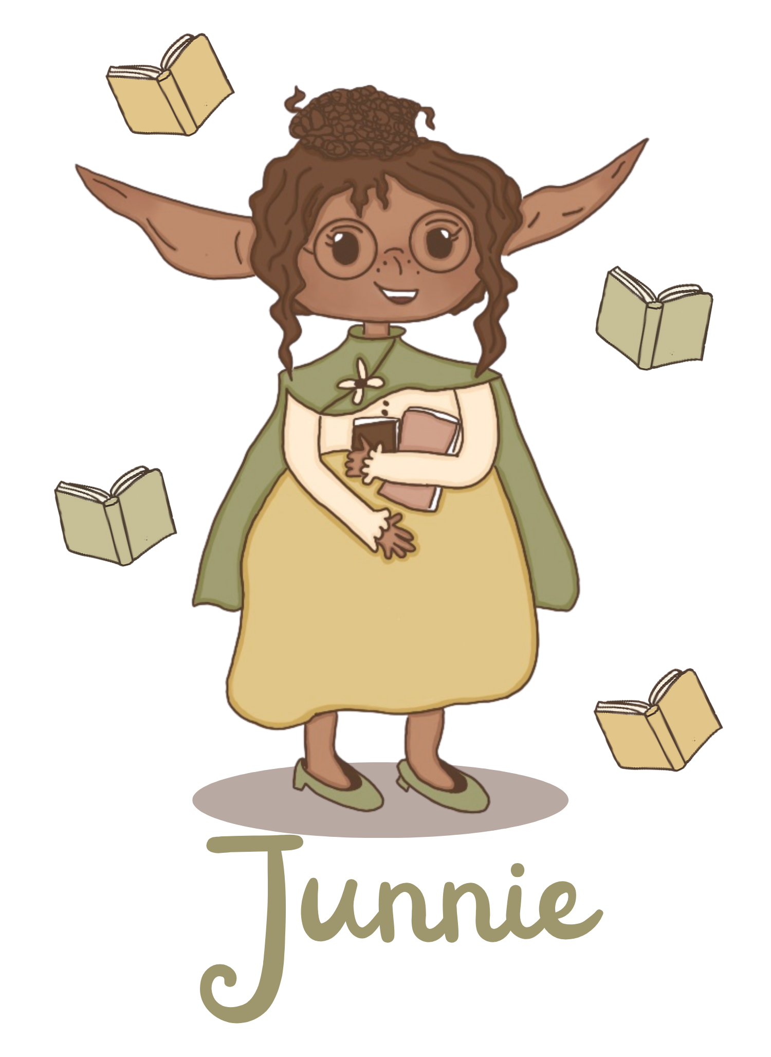 Illustration of an elf character named 'Junnie' with books around on a white background