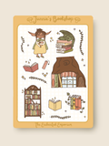 Illustration of Junnie's bookshop sticker sheet on a beige background.