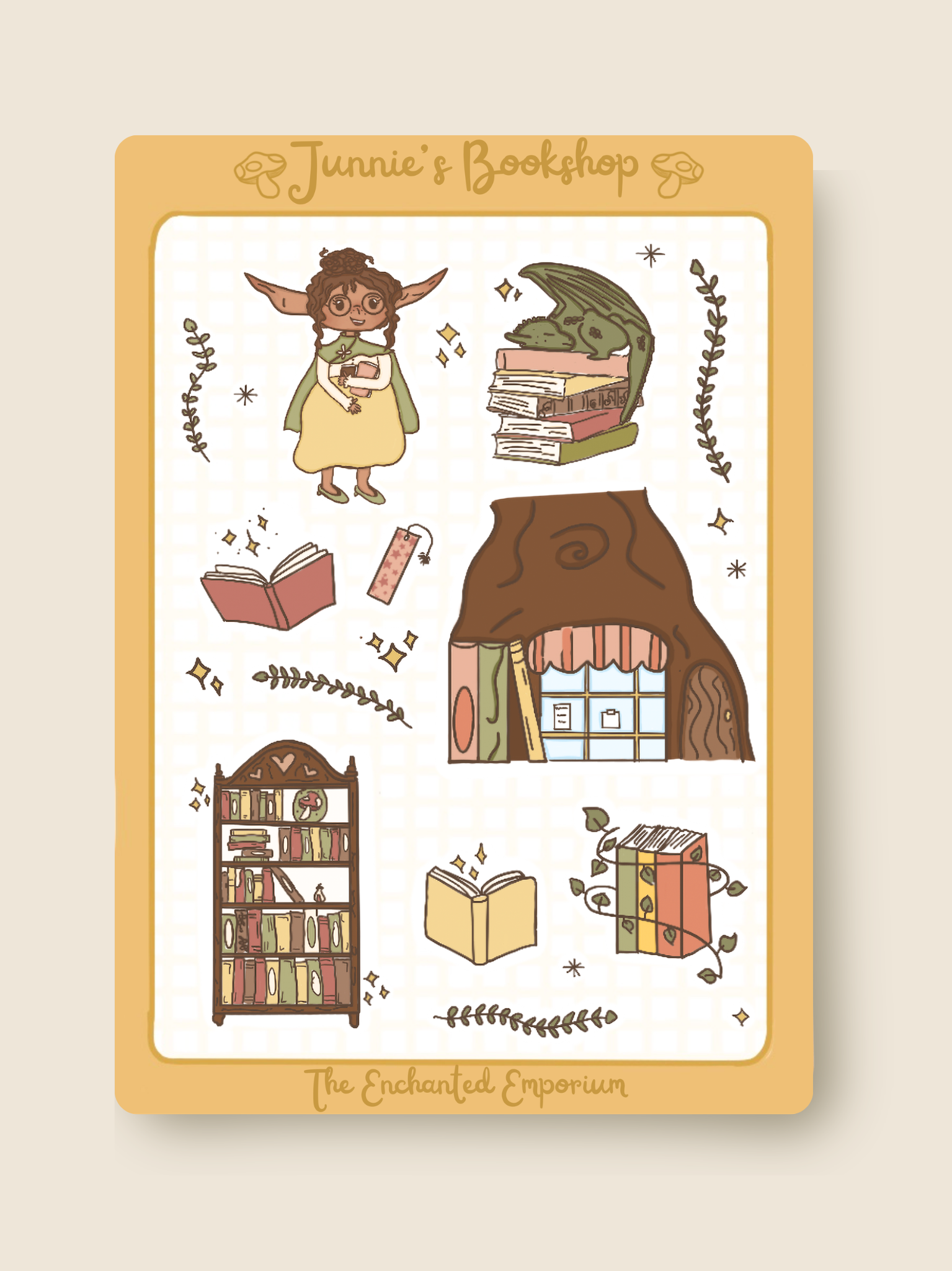 Illustration of Junnie's bookshop sticker sheet on a beige background.