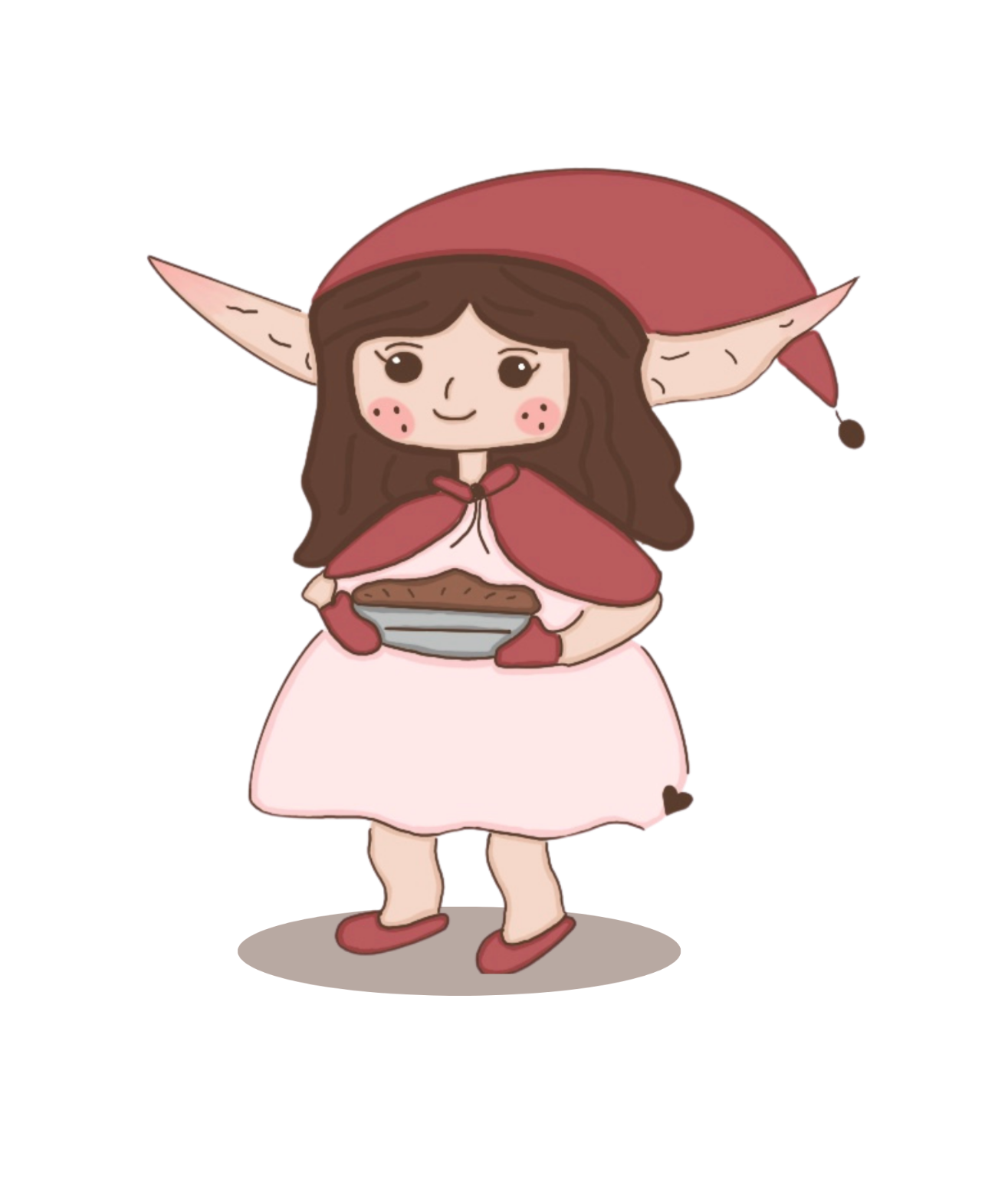 Cartoon elf Meadow holding a plate with a pie on a white background