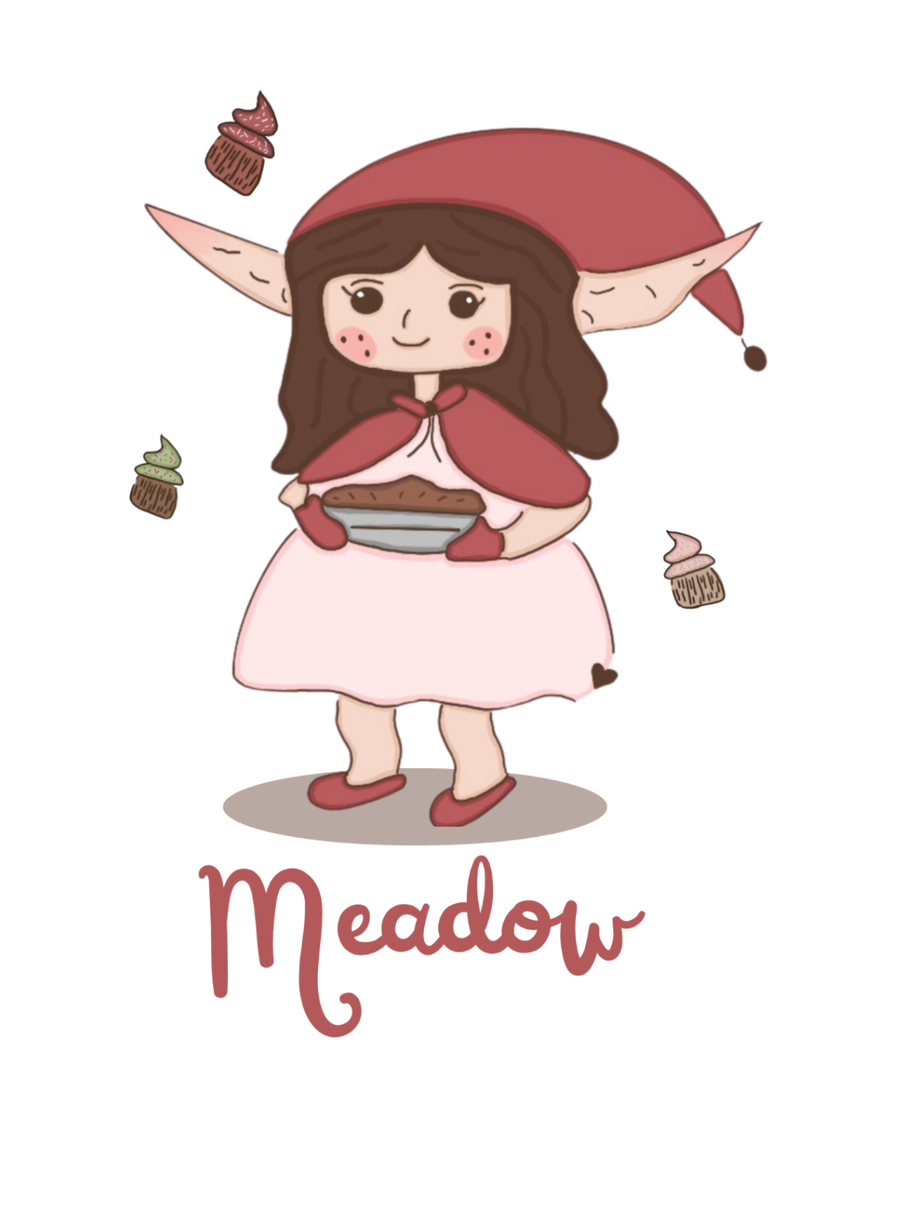 Illustration of Meadow holding a pie, with cupcakes floating around her 