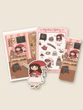 Sticker sheets with a cute bakery-themed design featuring a girl in a red hat and apron.