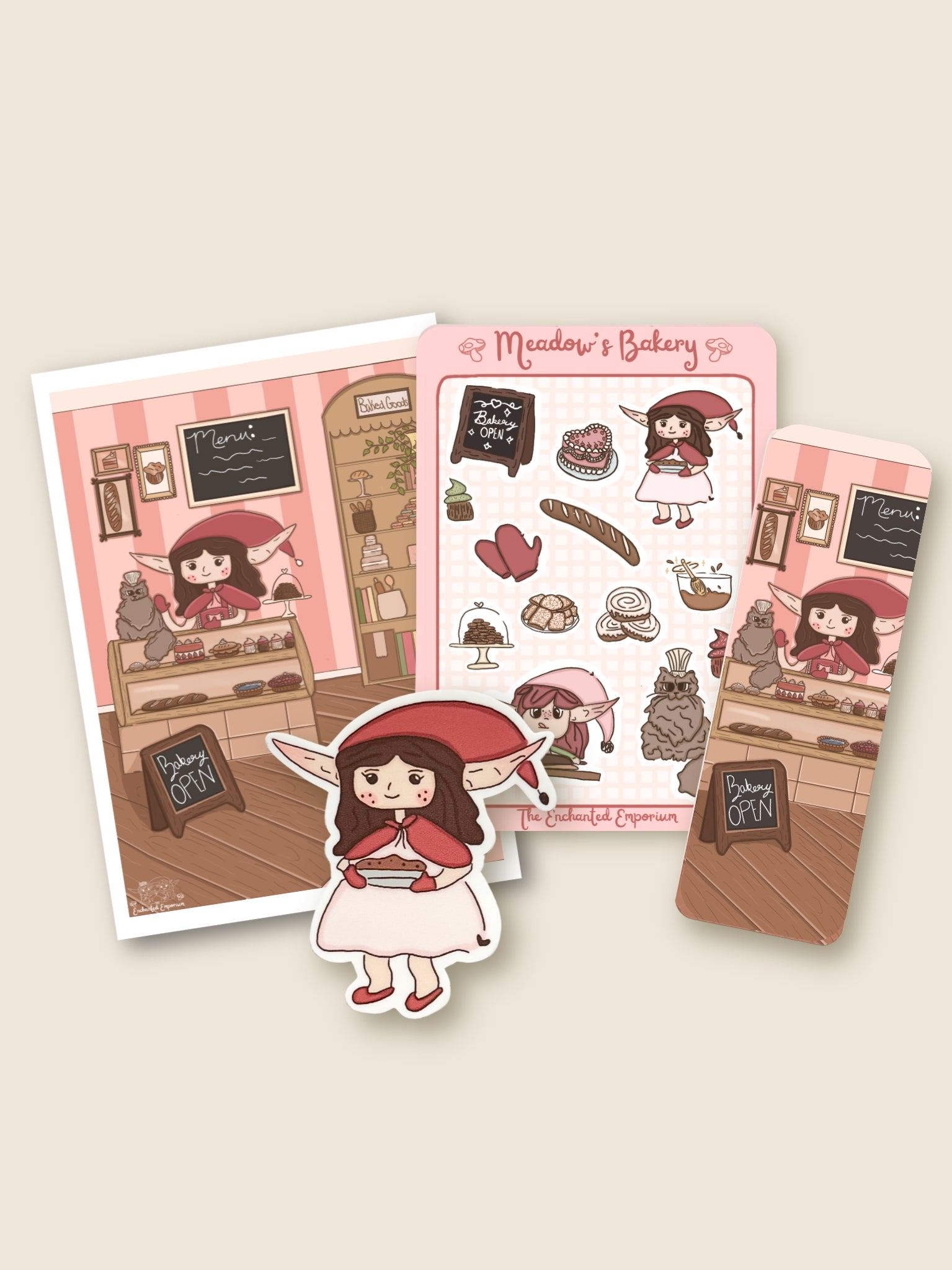 Sticker sheets with a cute bakery-themed design featuring a girl in a red hat and apron.