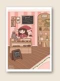 Illustration of a bakery interior with a girl and cat, set against a pink striped wall.