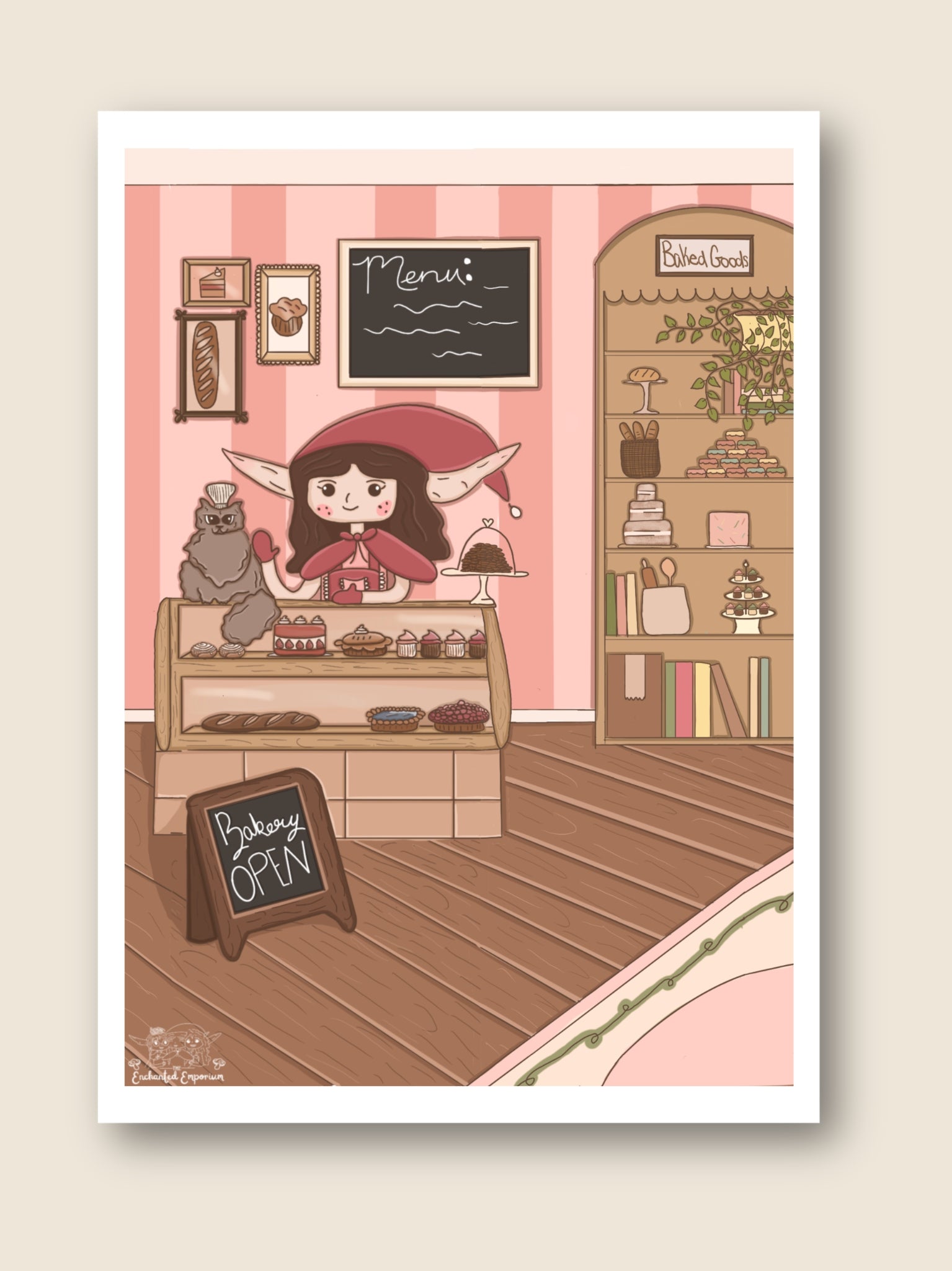 Illustration of a bakery interior with a girl and cat, set against a pink striped wall.