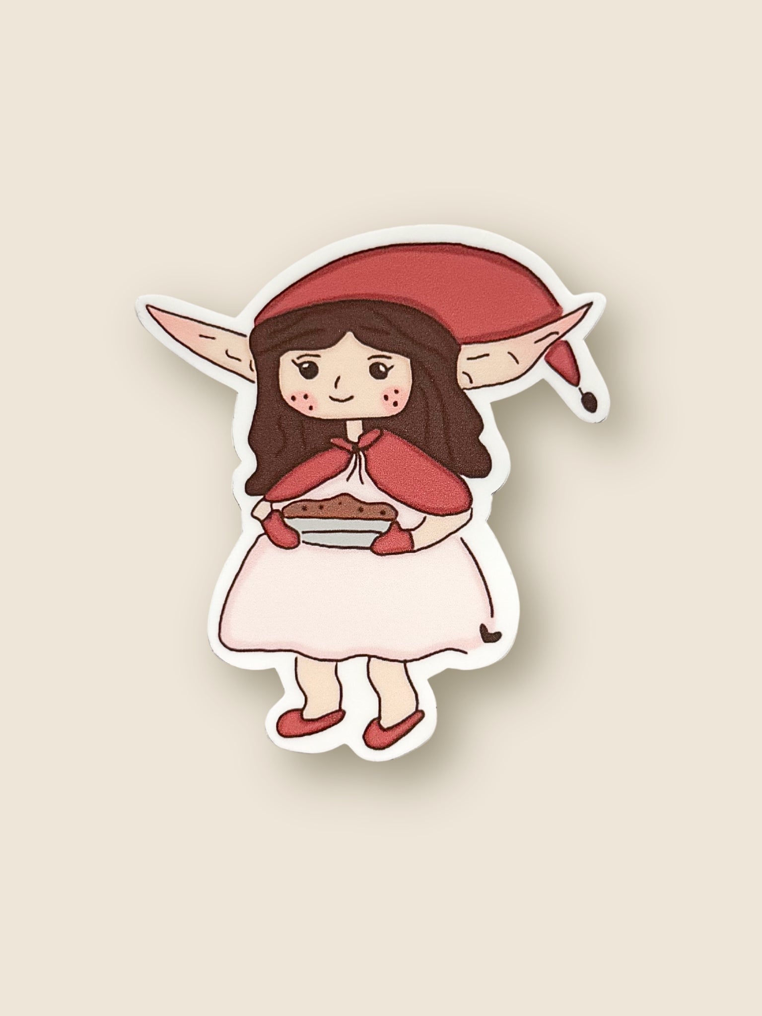 Illustration of Meadow character with pointed ears holding a pie on a beige background