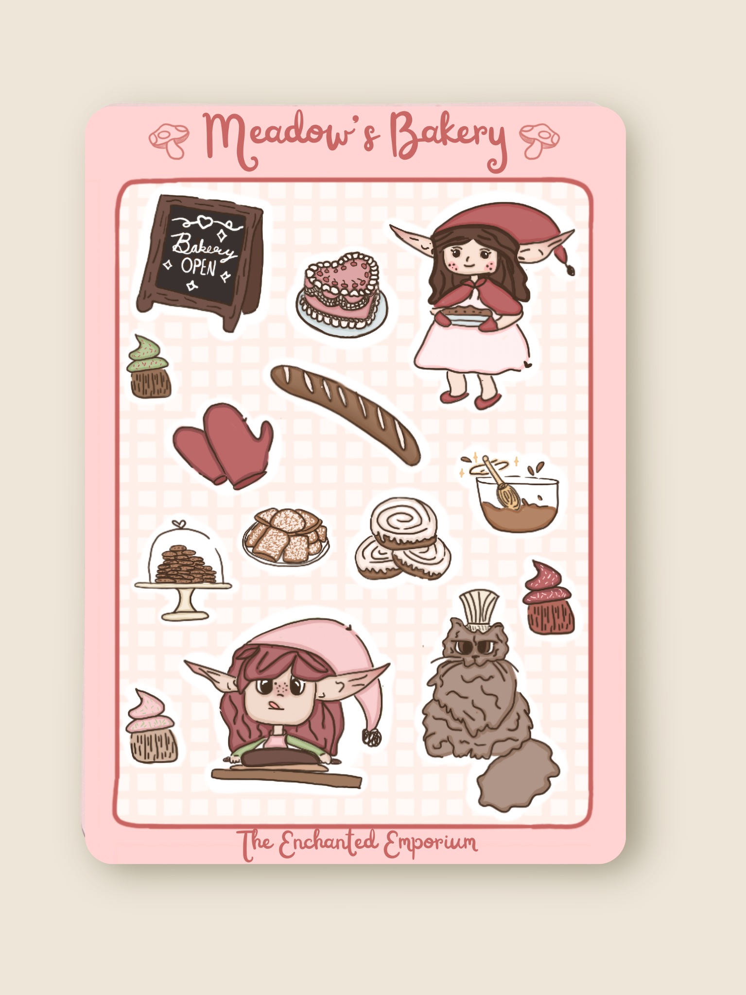 Sticker sheet from Meadow's Bakery with cartoon characters and bakery-themed illustrations on a pink border.
