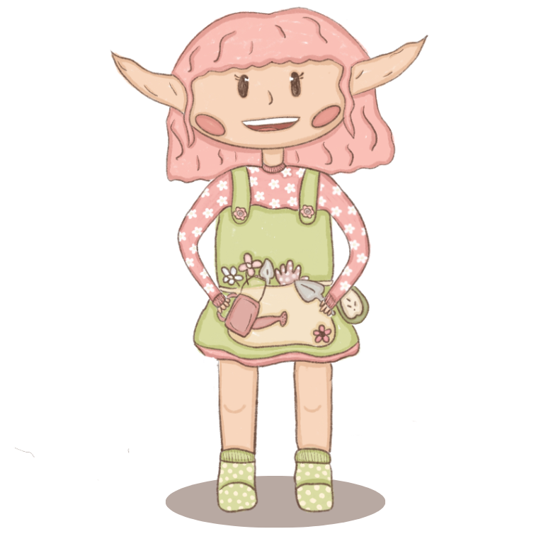 Cartoon character with pointed ears, with pink hair holing gardening supplise