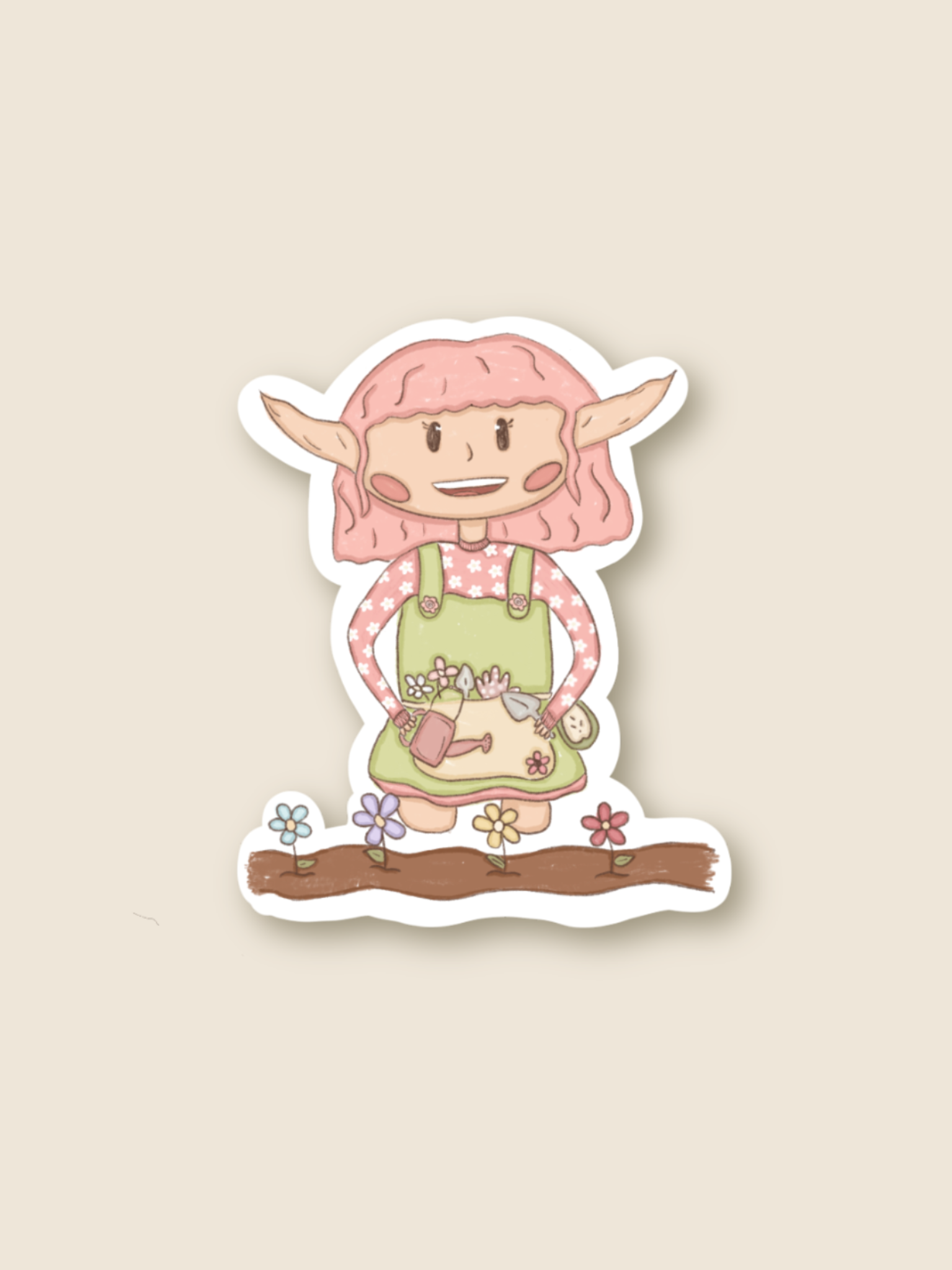 Sticker of elf with pink hair gardening 