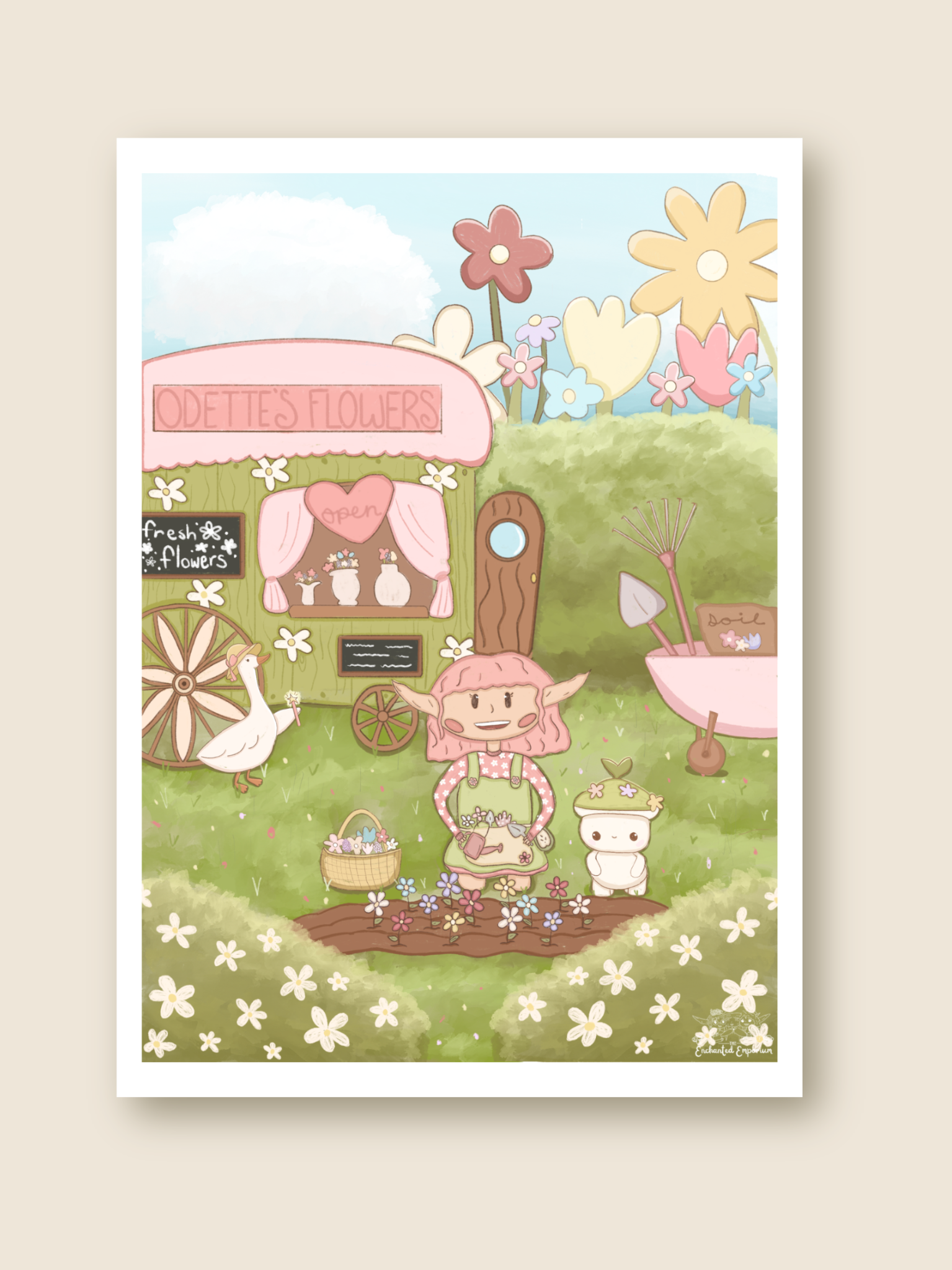 This is a print featuring an elf, forest spirit, and goose who are in a flower garden