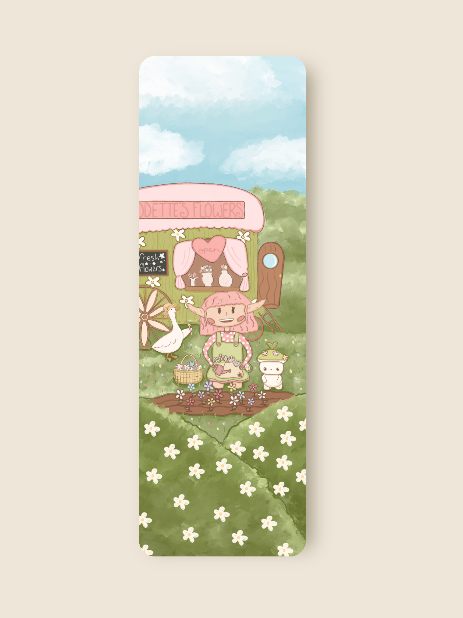 this is a bookmark featuring an elf, a forest spirit, a goose, and a flower garden