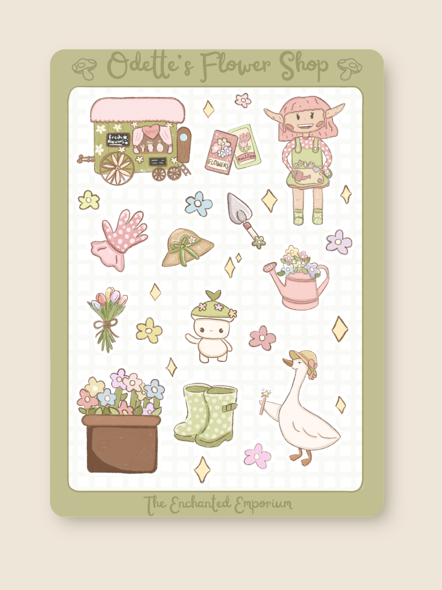 this is a sticker sheet of many spring gardening and florist shop things