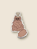 Cartoon cat brown Owlyn sticker with chefs hat on a beige background