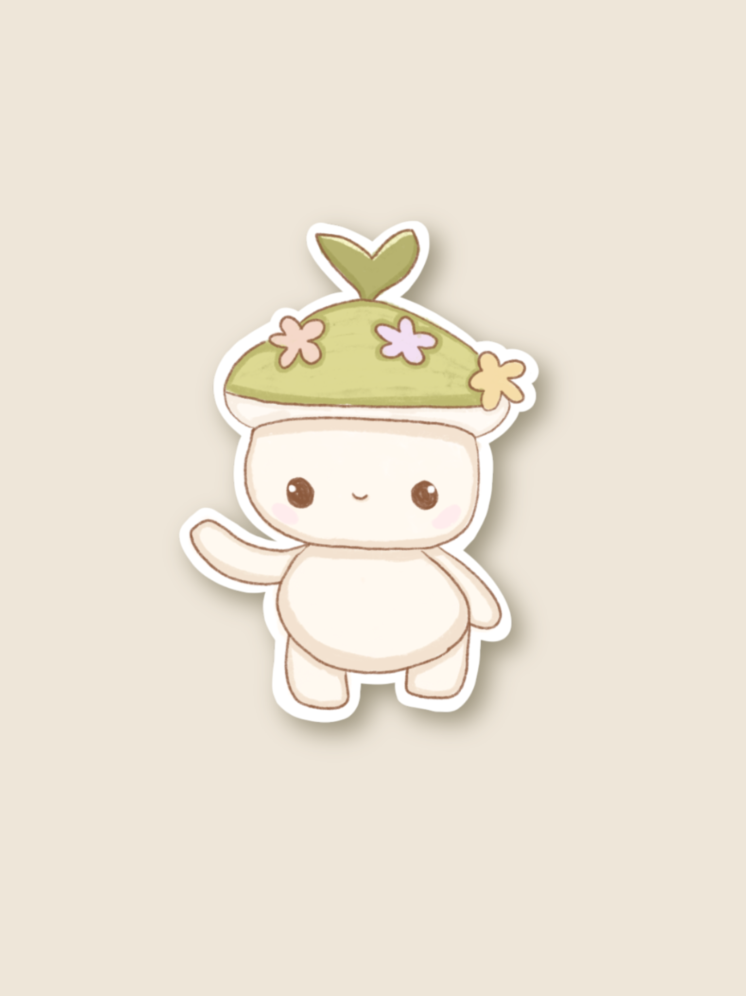 This is a sticker of a forest spirit with a green hat and white body