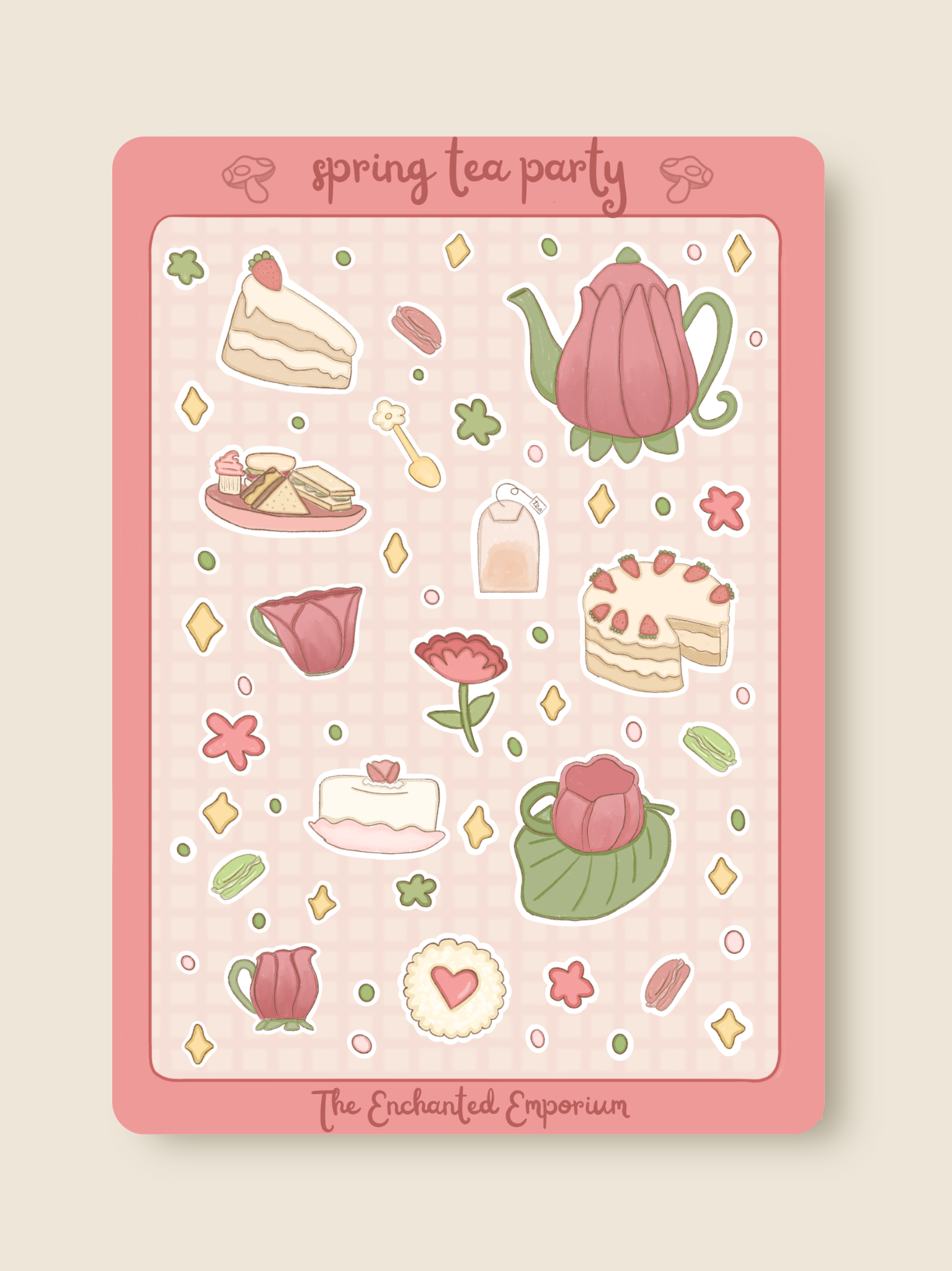 This is a sticker sheet of many spring tea party trinkets