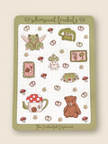 Sticker sheet with cartoon illustrations of a teddy bear, teapot, and other objects on a white background.