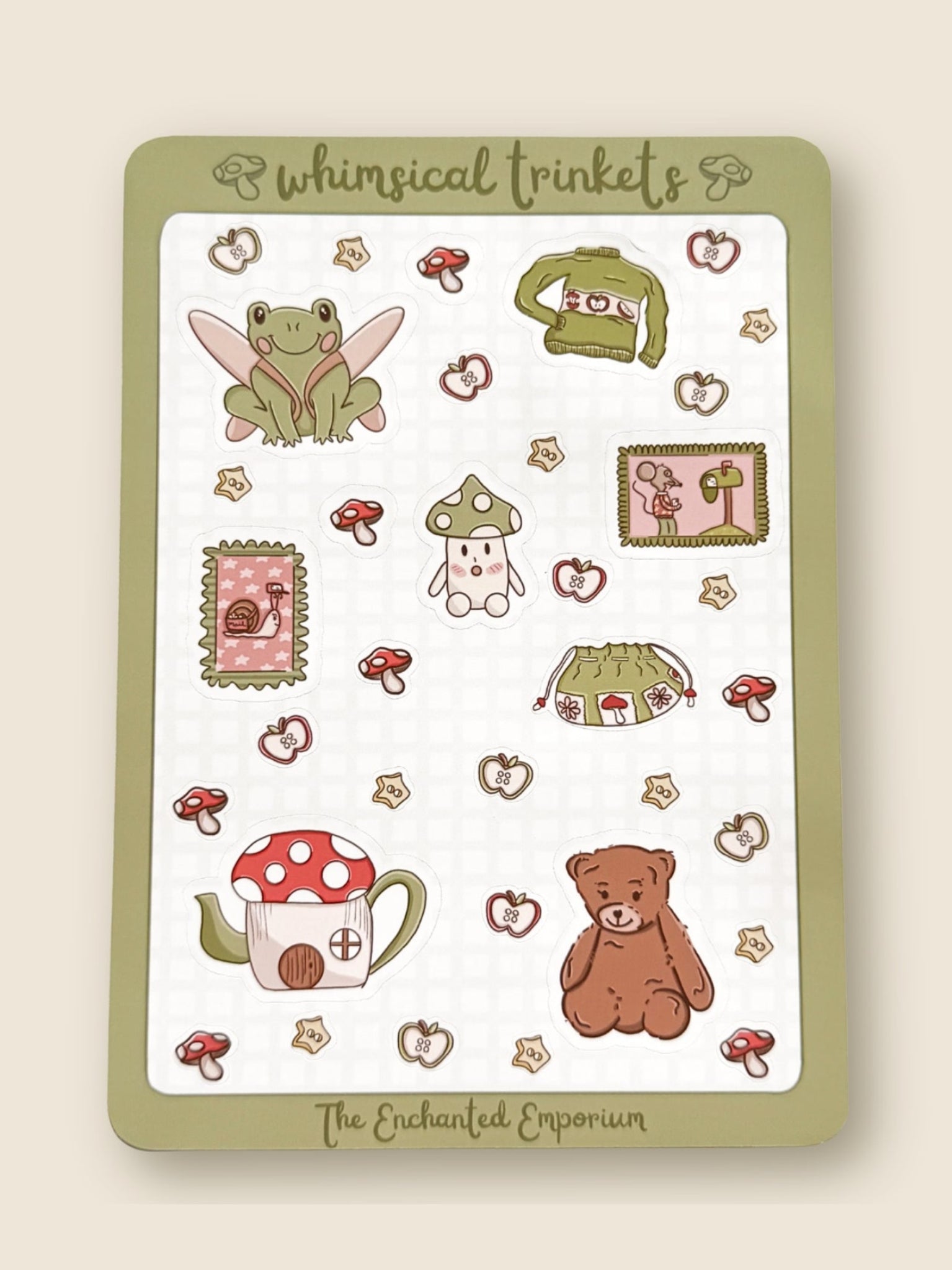 Sticker sheet with cartoon illustrations of a teddy bear, teapot, and other objects on a white background.