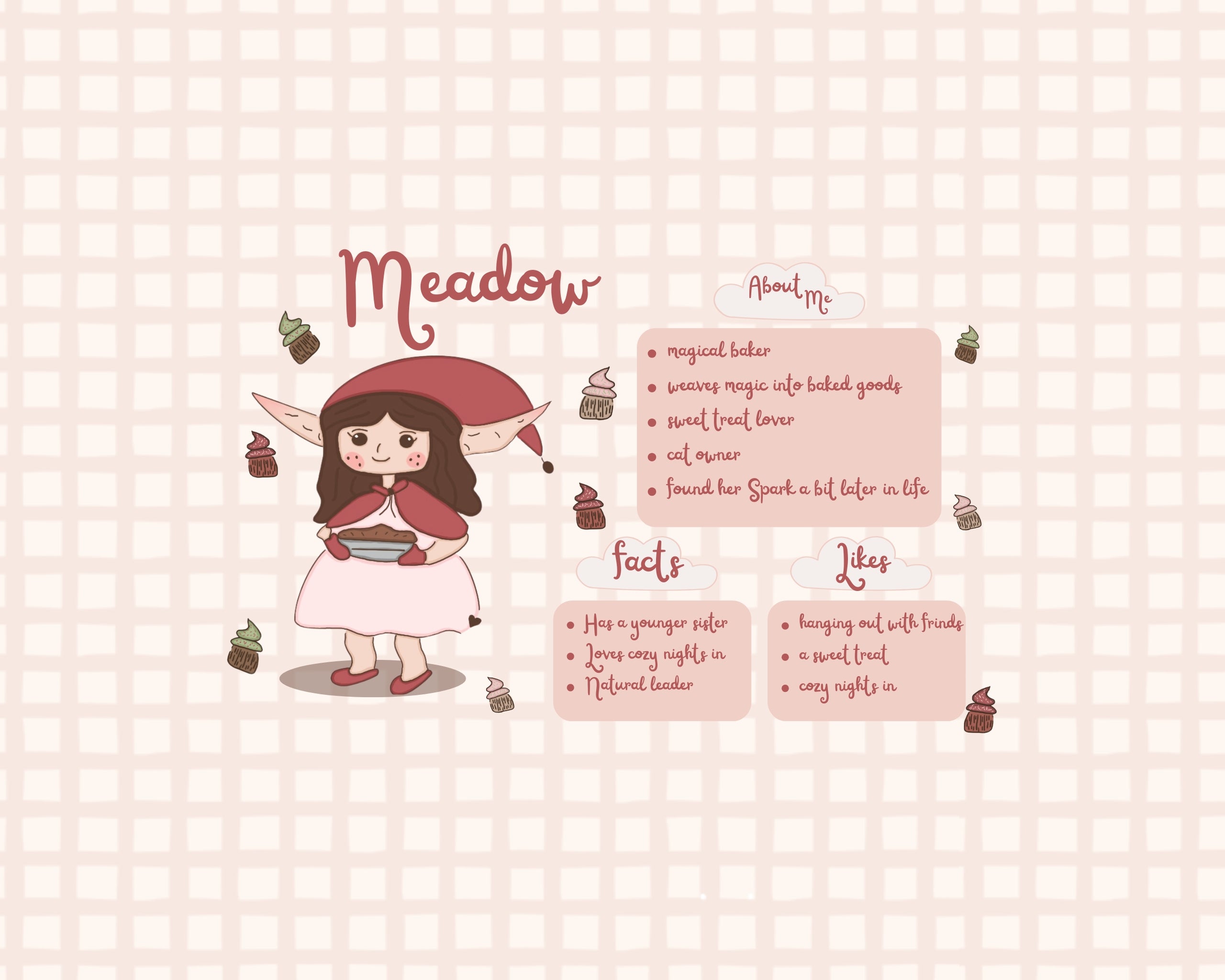 Illustration of a character named Meadow with baking-themed details on a checkered background