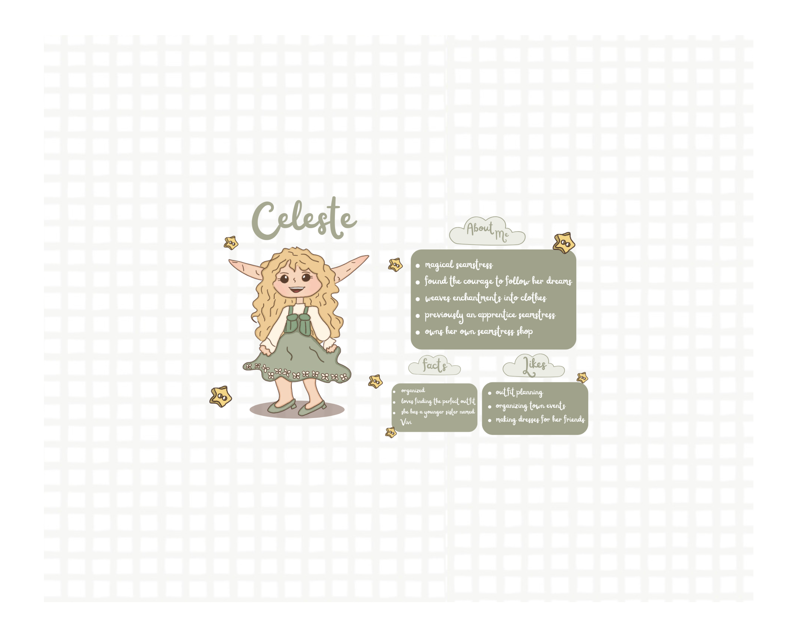 Illustration of a character named Celeste with a green banner and text on a checkered background
