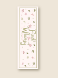 this is a bookmark that reads find the whimsy with many pink and green flowers, mushrooms, and sparkles