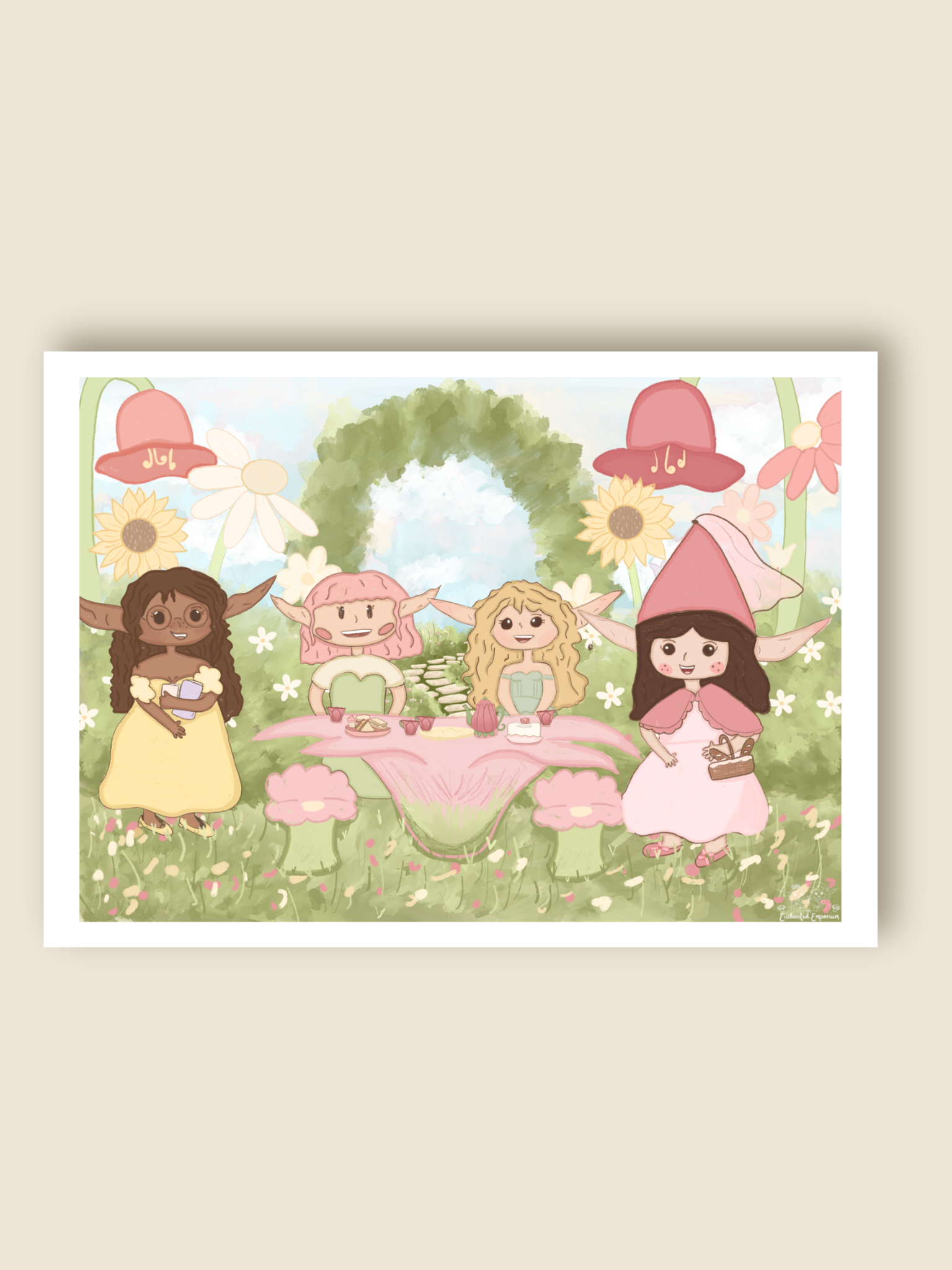 this is a print of elves having a tea party in a spring garden