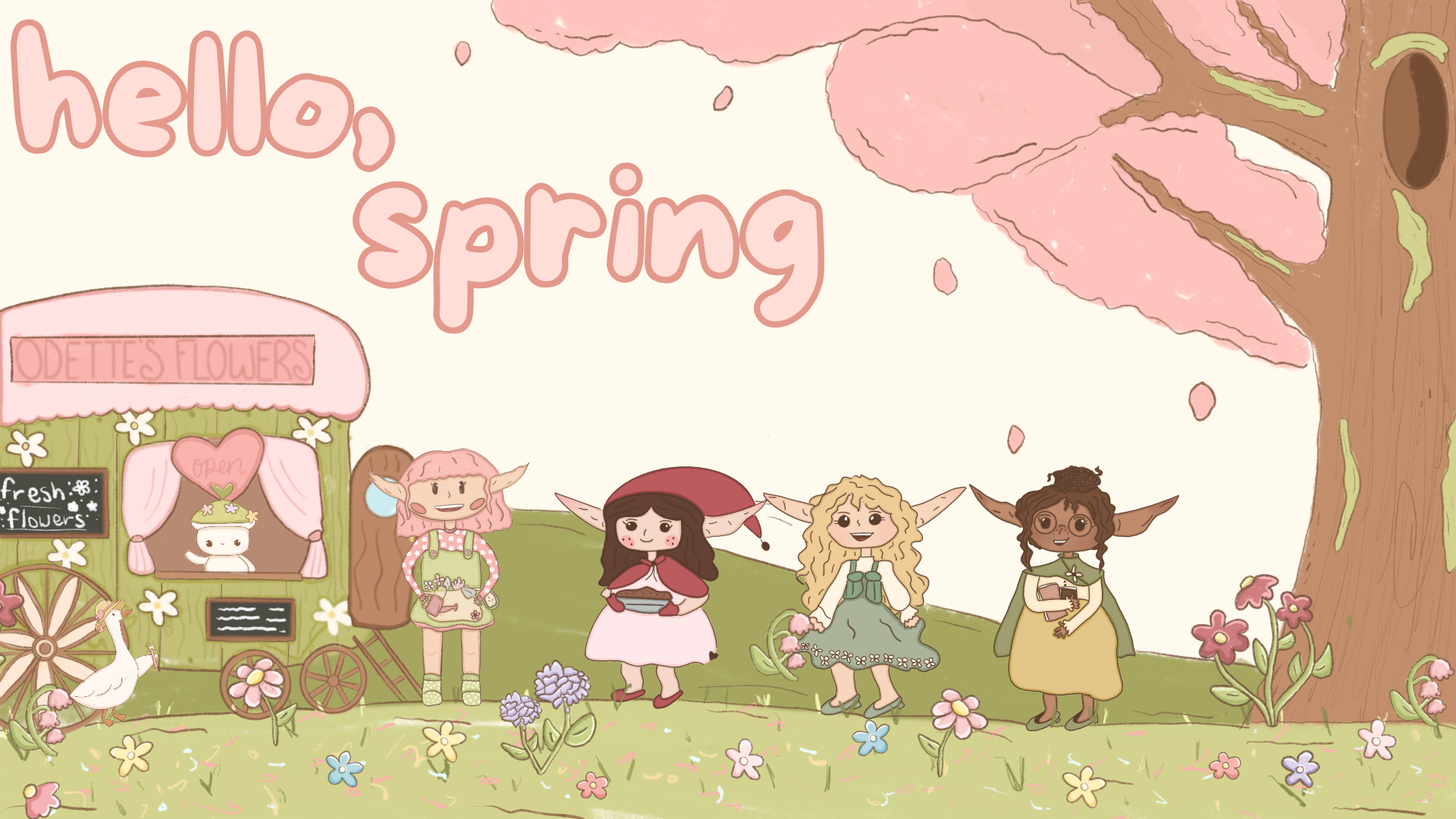 hello spring banner with 4 elf characters shopping for flowers