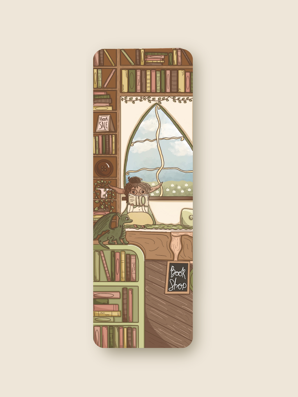 Bookmark with illustration of a bookstore scene, books, and a cat.