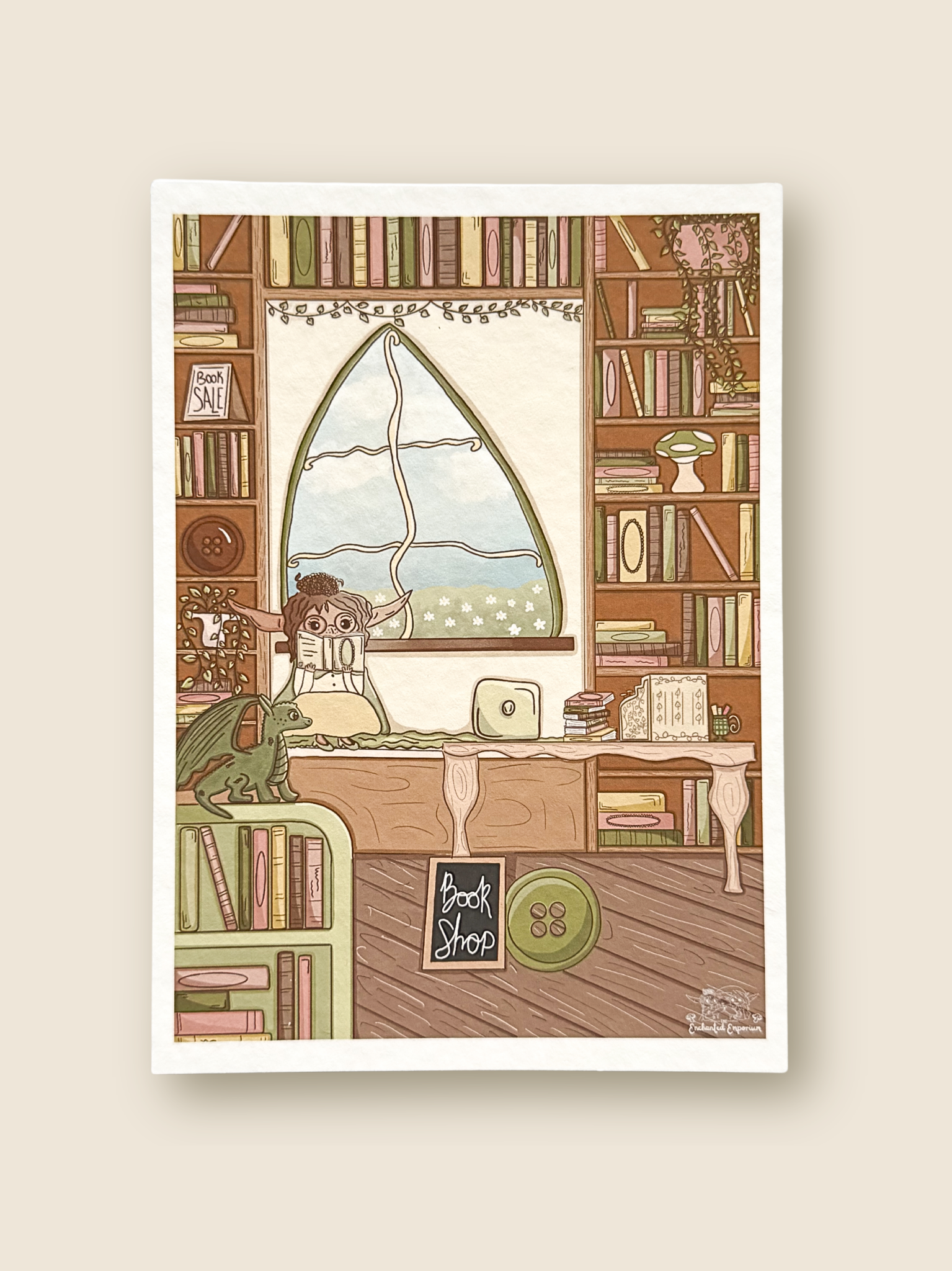 Illustration of a bookshop interior with shelves, a counter, and a window.