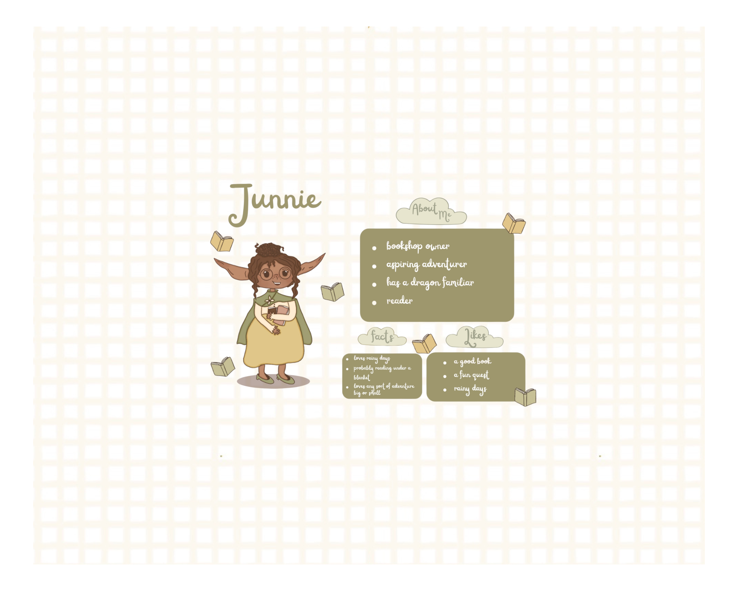 Illustration of a character named Junnie with a green banner and text on a checkered background