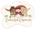 logo for the enchanted emporium featuring 3 elves 
