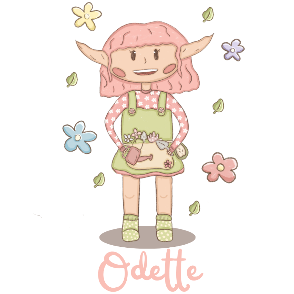 Cartoon character with pointed ears, pink hair, flowers around her, and name odette