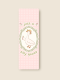 this is a bookmark of a goose with a hat and wand, on a pink background with a green frame