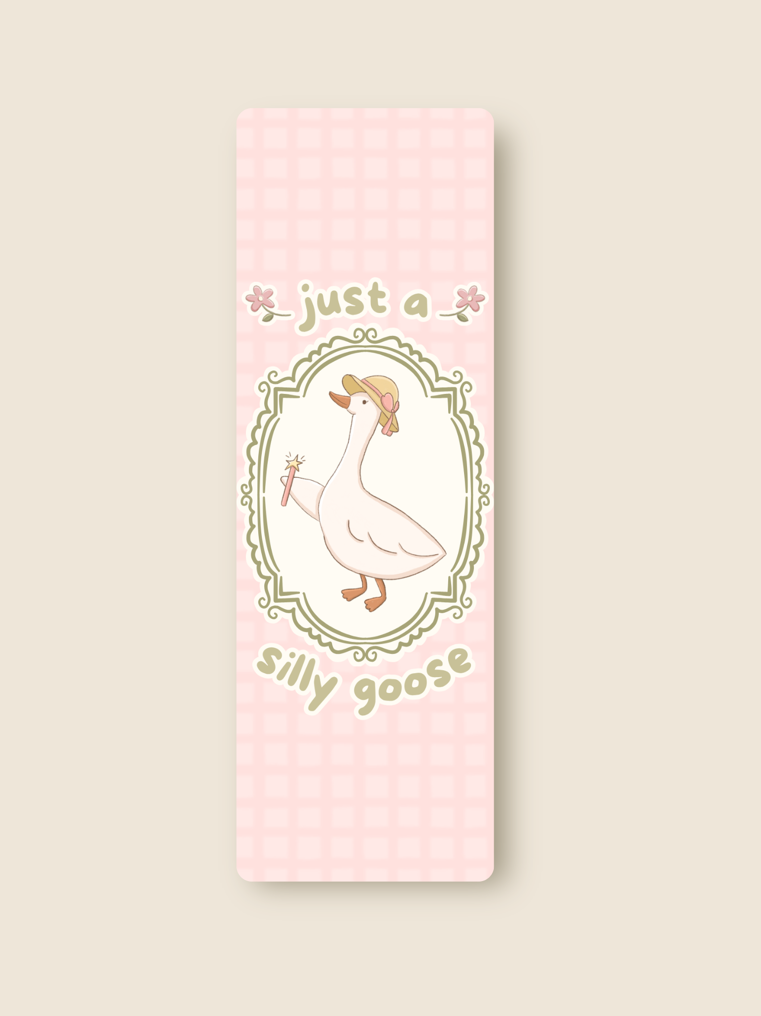 this is a bookmark of a goose with a hat and wand, on a pink background with a green frame